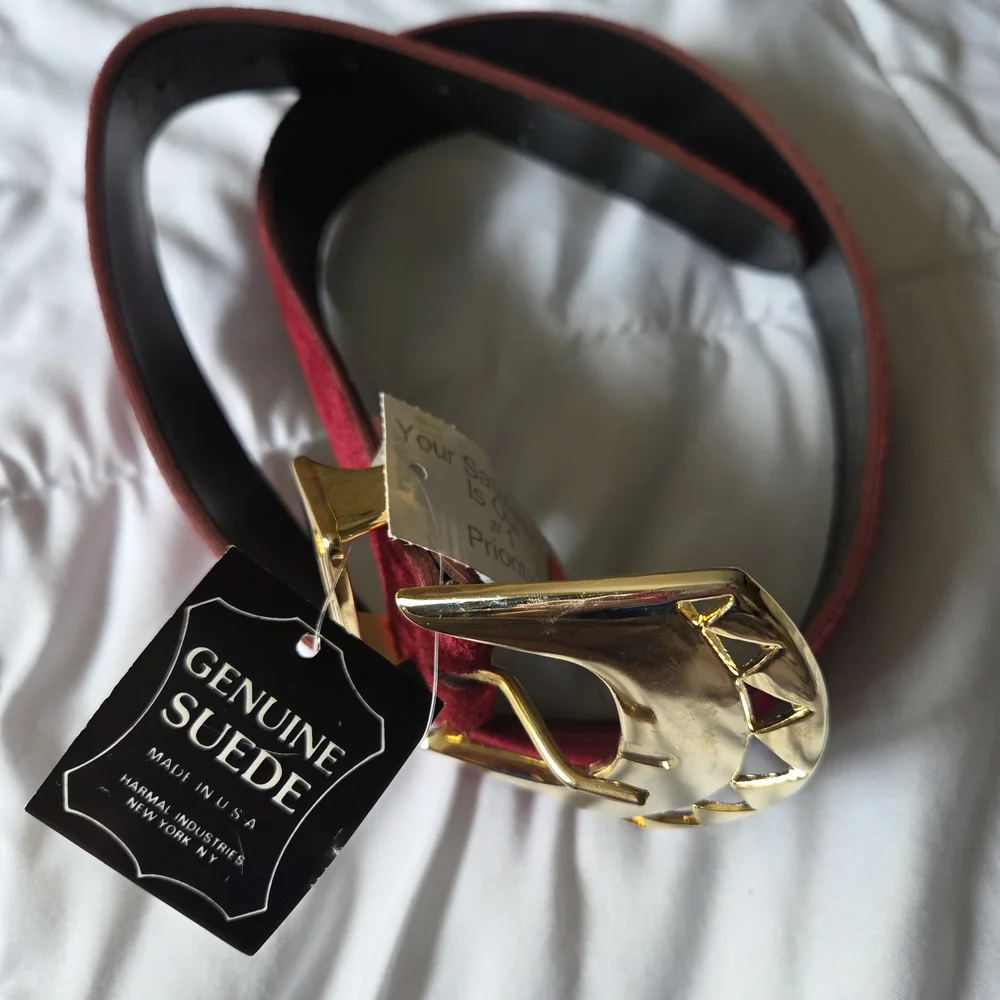 New Old Stock - Genuine Suede Vintage 90s Red Belt with Gold Buckle